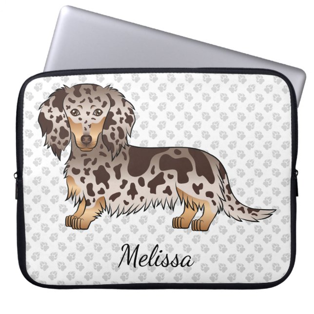 Capa Para Notebook Chocolate & Tan Dapple Long Hair Dachshund & Name (Frente)
