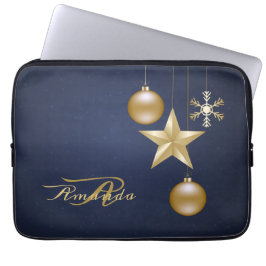 Capa Para Notebook Christmas Monogram Golden Ornaments Navy Blue