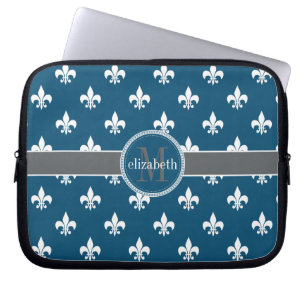 Capa Para Notebook Cinza Azul Flor de Lis Monograma Branco