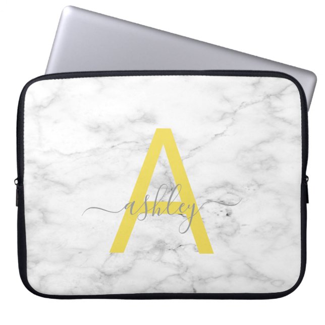 Capa Para Notebook Cinza Chic Yellow White Marble Script Nome Monogra (Frente)
