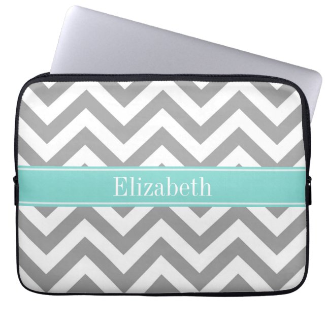 Capa Para Notebook Cinza Dk White LG Chevron Turquoise Nome Monograma (Frente)