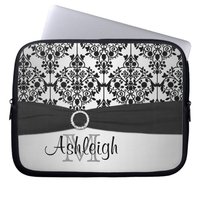 Capa Para Notebook Cinza Preto Damasco com Bolsa de laptop FAUX (Frente)