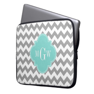 Capa Para Notebook Cinza Whevron Aqua Turq Quatrefoil 3 Monograma