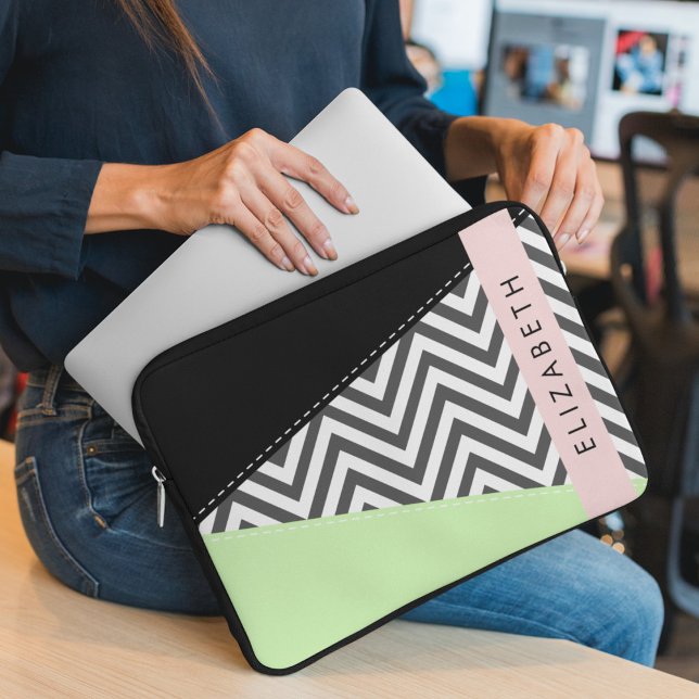 Capa Para Notebook Cinza Zigzag, Cinza Chevron, Mint, Seu Nome (Criador carregado)