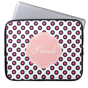 Capa Para Notebook círculo cor-de-rosa e preto bolinhas monograma