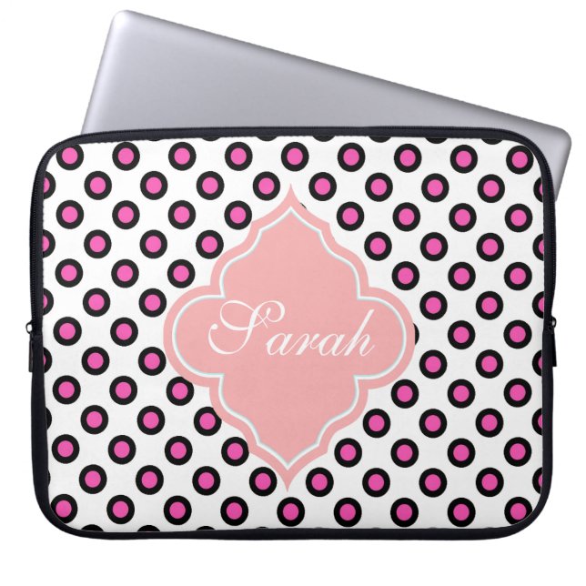Capa Para Notebook círculo cor-de-rosa e preto bolinhas monograma (Frente)