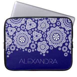 Capa Para Notebook Círculos de Ornamentado Retro Branco e Azul-Monogr