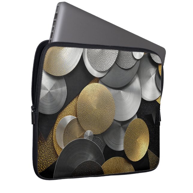 Capa Para Notebook Círculos Geométricos Modernos em Dourado e Prata (Frente Esquerda)