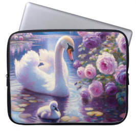 Capa Para Notebook Cisne branco e Cygnet com Rosas roxos