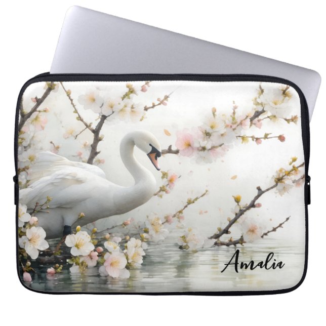 Capa Para Notebook Cisne e Lago das Flores em Aquarela (Frente)