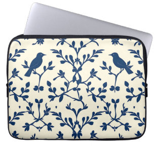 Capa Para Notebook Clássico Azul Marinho Pássaro Damask Toile Silhuet