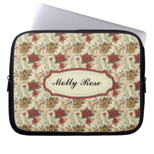 Capa Para Notebook Clássico Vintage Vermelho e Poinsettia Dourada Flo