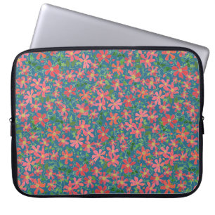Capa Para Notebook Clematis Pink, Red, Orange Floral em Azul Profundo