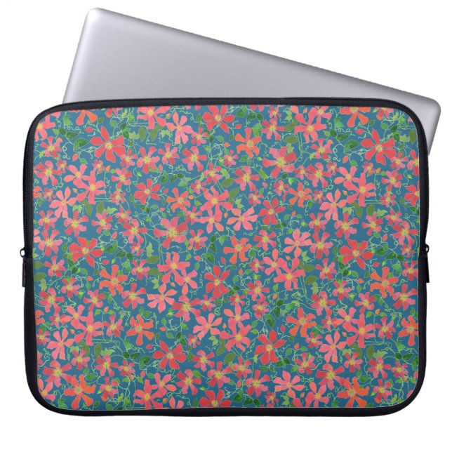 Capa Para Notebook Clematis Pink, Red, Orange Floral em Azul Profundo (Frente)