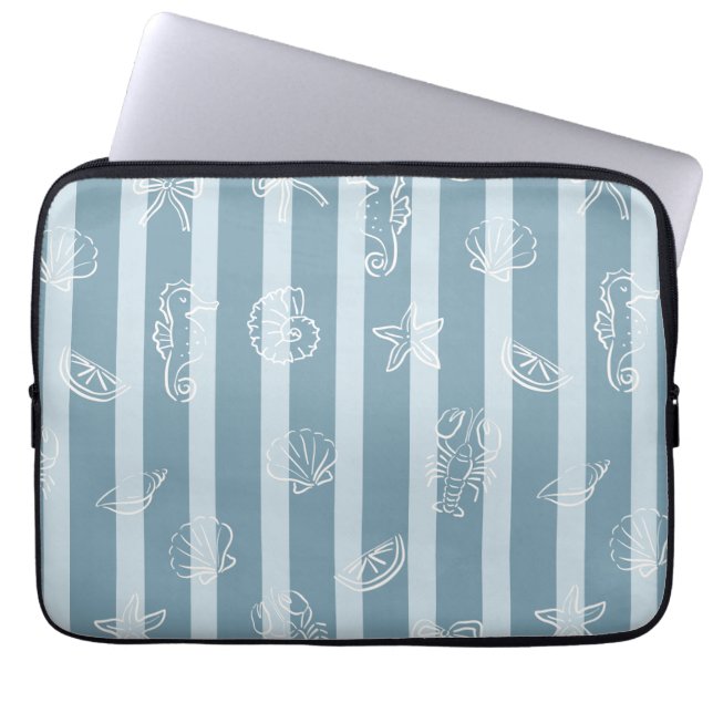 Capa Para Notebook Coastal Nautical Pattern | Blue Sea Shell & Seahor (Frente)