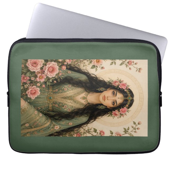 Capa Para Notebook Cobertor de Fleece Dama Floral Esmeralda | Rosa Pe (Frente)