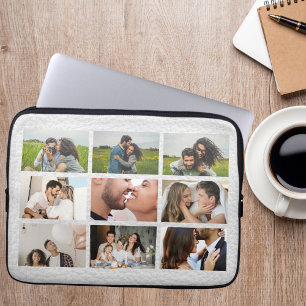 Capa Para Notebook Colagem de 9 Fotos Personalizada em Couro Branco M