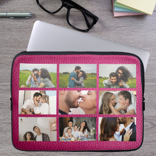 Capa Para Notebook Colagem de 9 Fotos Personalizada em Couro Rosa Mod