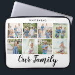 Capa Para Notebook Colagem de Fotos 8 Moderna da Nossa Família<br><div class="desc">A letra do script da nossa família com 8 ranhuras de fotografias da família,  juntamente com o nome da família no topo.</div>