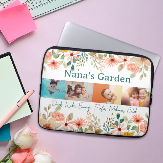 Capa Para Notebook Colagem de Fotos Personalizada Nana Grandma's Gard (Personalized Photo Collage Nana Grandma's Garden Laptop Sleeve)