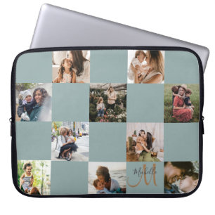Capa Para Notebook Colagem de Fotos Verde e Dourado Monograma