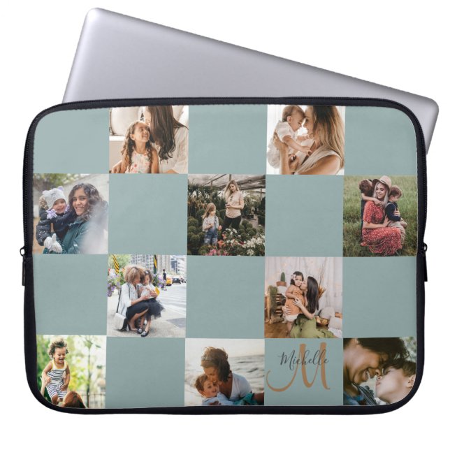 Capa Para Notebook Colagem de Fotos Verde e Dourado Monograma (Frente)