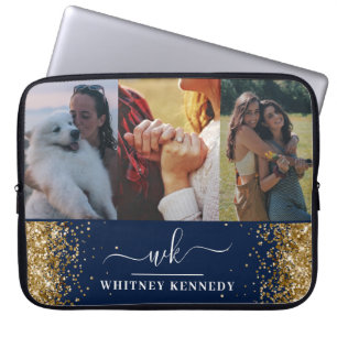 Capa Para Notebook Colagem Fotográfica Dourada Glam Azul 3 Monograma