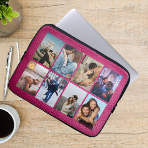 Capa Para Notebook Colagem Personalizada de 8 Fotos em Couro Rosa Mod