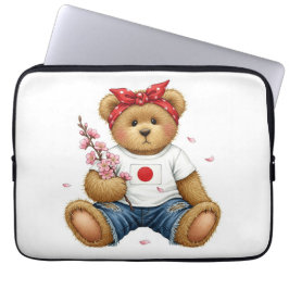 Capa Para Notebook Coleção Branca. Ursinho com a bandeira japonesa po