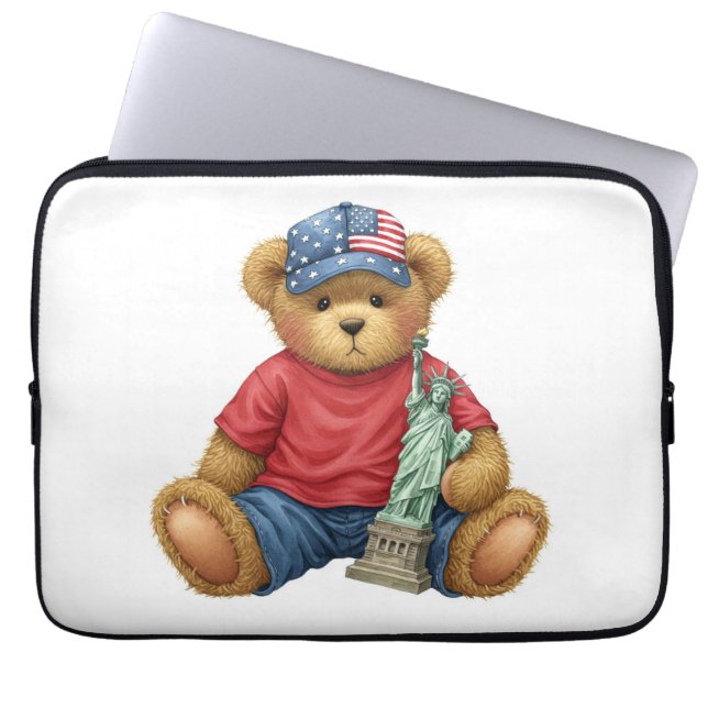 Capa Para Notebook Coleção Branca. Ursinho com a Estátua do Liberto (Frente)