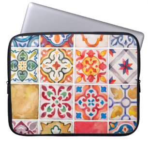 Capa Para Notebook Coleção de azulejos de cerâmica com aquarela. Vint