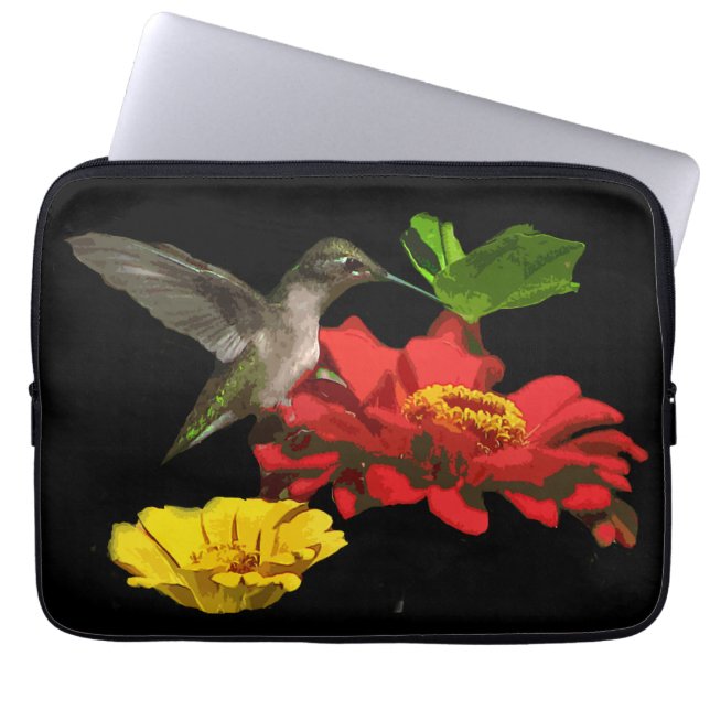 Capa Para Notebook Colibri em Zinnias vermelhos e amarelos (Frente)