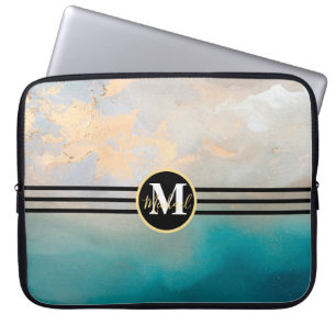 Capa Para Notebook Cor de água Dourada e turquesa monogramada