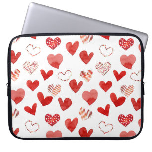 Capa Para Notebook Corações de amor vermelho, padrão de aquarela.