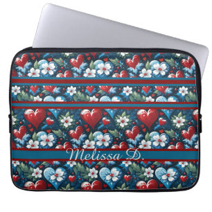 Capa Para Notebook Corações de Natal Florais em Azul Vermelho e Verde