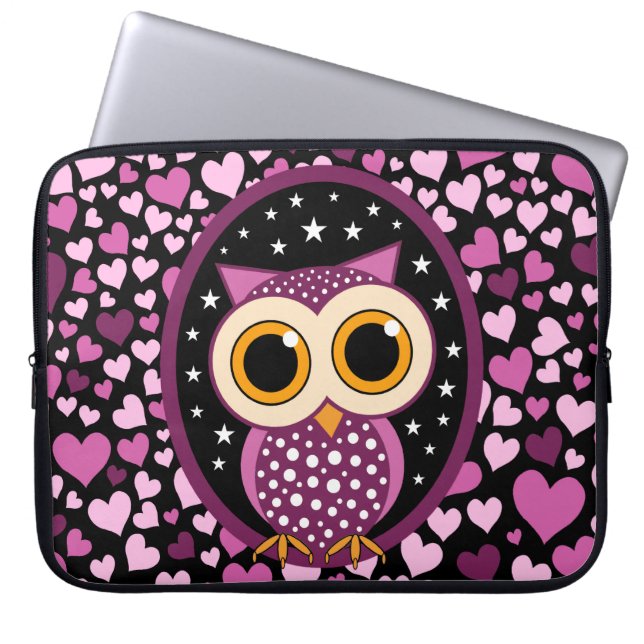 Capa Para Notebook corações e coruja cor-de-rosa (Frente)