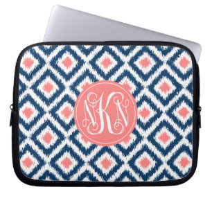 Capa Para Notebook coral do monograma 3-Letter e teste padrão azul d