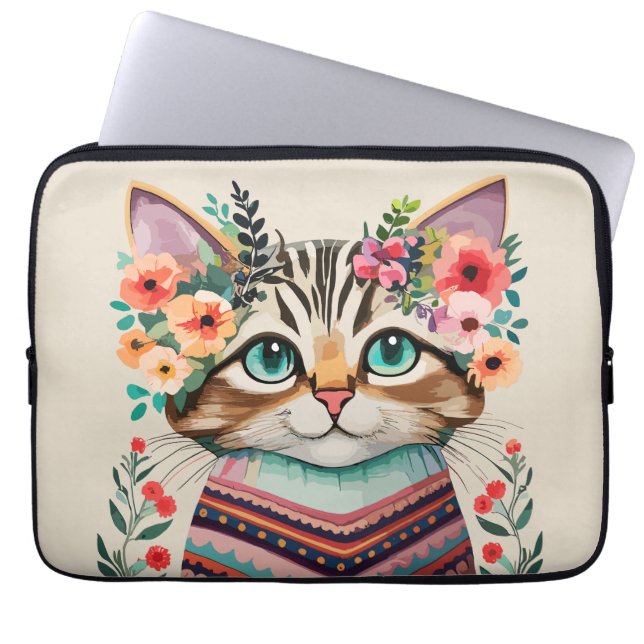 Capa Para Notebook Cores de Água Floral de Gato Gato (Frente)