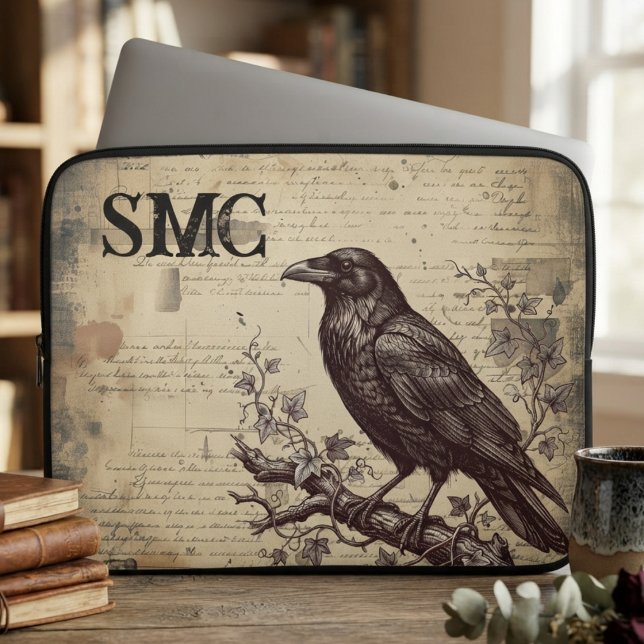Capa Para Notebook Corvo Onyx Sombrio Academia Raven (Moody raven computer sleeve for scholars during library study sessions.)