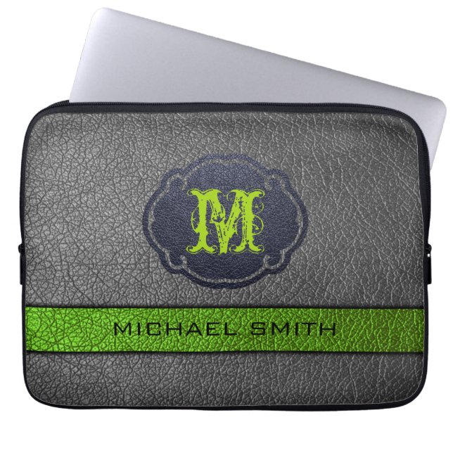 Capa Para Notebook Couro Verde e Cinza Monograma Personalizado (Frente)