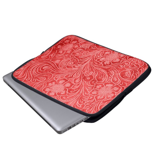 Capa Para Notebook Couro Vermelho De Couro Parece Flores Embarcadas (Frente Inferior)