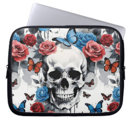 Capa Para Notebook Crânio com Rosas e borboletas em vermelho e azul