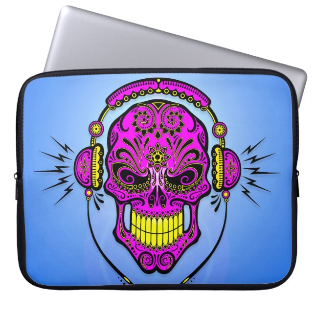 Capa Para Notebook Crânio do açúcar do DJ, roxo no azul (Frente)