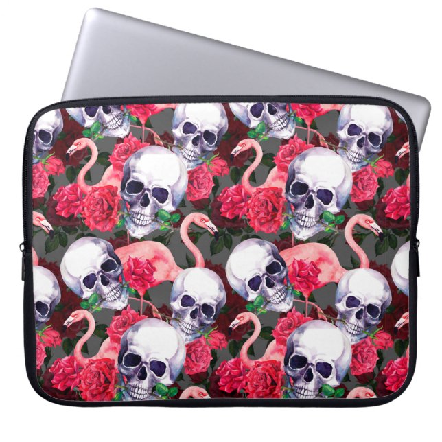 Capa Para Notebook Crânio humano com flamingo e flores rosas vermelha (Frente)