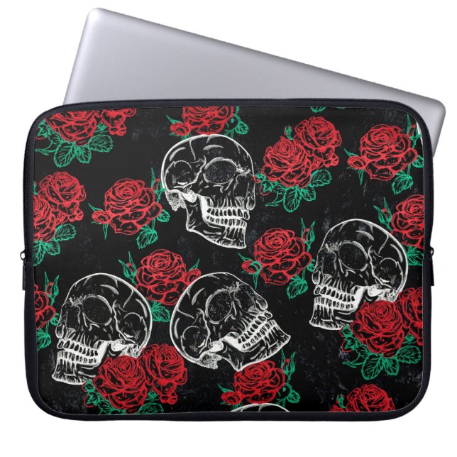 Capa Para Notebook Crânios e Rosas vermelhas | Grelha Gótica Moderna (Frente)