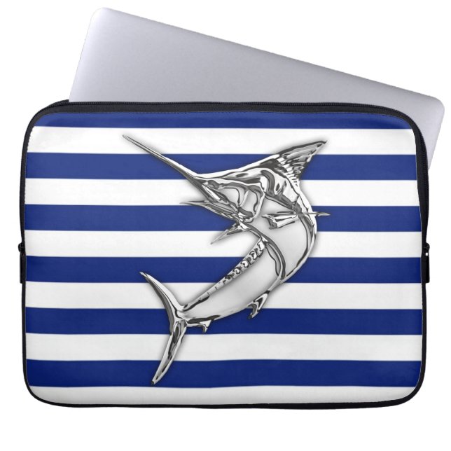 Capa Para Notebook Cromo de Peixes Marlin em faixas marítimas (Frente)