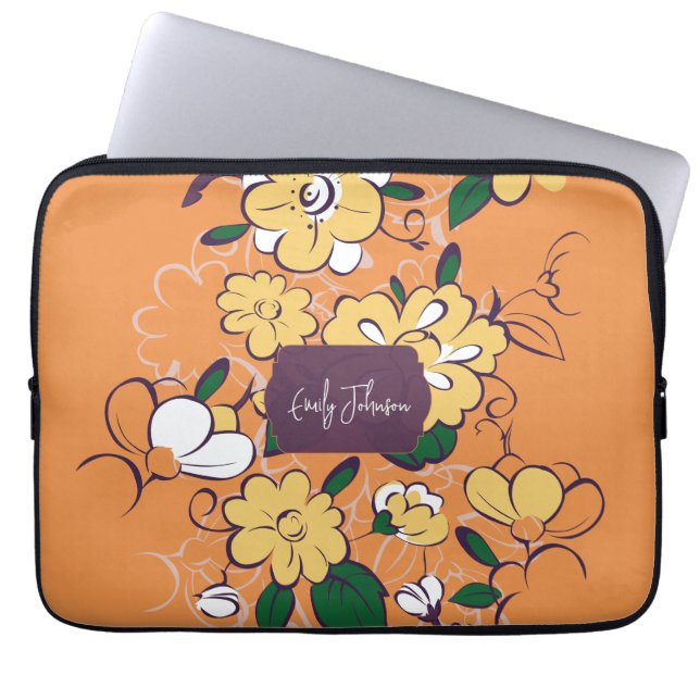 Capa Para Notebook Custom Name Floral Pattern Orange Yellow White (Frente)
