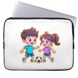 Capa Para Notebook Cute Cartoon Boy and Girl Playing Soccer Together 