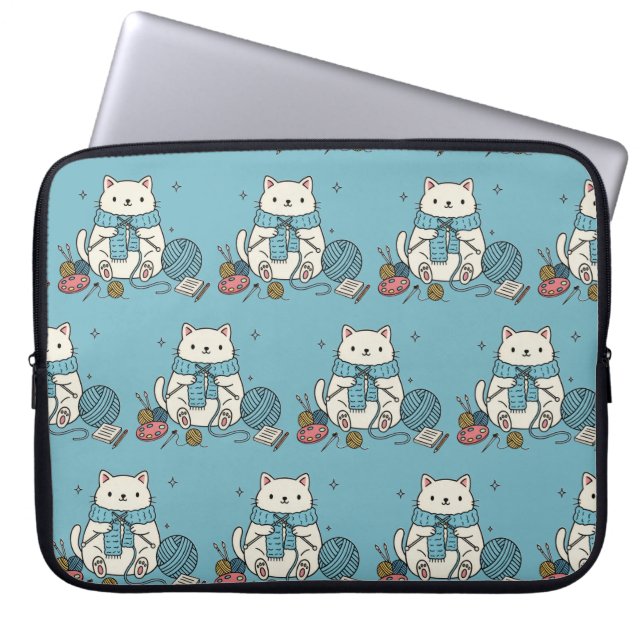 Capa Para Notebook Cute Kitten Knitting Blue Pattern Tech Accessory (Frente)