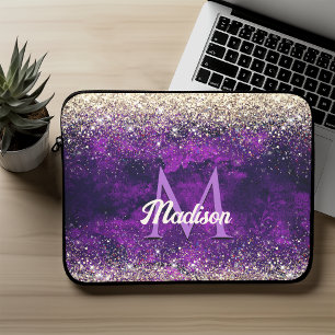 Capa Para Notebook Cute monograma dourado roxo escuro falso brilho